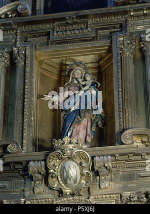 VIRGEN DE LA DEFENSION - DETALLE DEL RETABLO MAYOR DE LA IGLESIA DE LA CARTUJA DE JEREZ DE LA FRONTERA - 1794. Author: José Esteve Bonet (1741-1802). Location: CARTUJA, JEREZ DE LA FRONTERA, CADIZ, SPAIN. Stock Photo