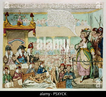 N/A. English: The heroic Charlotte la Cordé, upon her trial,... / Js. Gy., desn. et fect. The interior of the Revolutionary Tribunal crowded with figures. Charlotte Corday (right) stands at the bar, a raised circular stone platform, her wrists linked by a chain, addressing her judges (left), who listen with alarm, as do the the spectators and the two ruffians holding spears who stand behind her.... 1 print : engraving, color. [England] : Published July 29th 1793 by H. Humphrey, No. 18 Old Bond Street, 1793. Français : 'L'héroïque Charlotte la Cordé, durant son procès...' Charlotte Corday (à dr Stock Photo