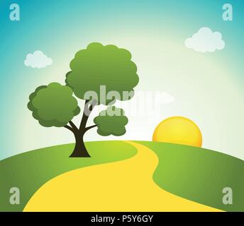 Vector illustration of field, tree and sunrise sky Stock Vector