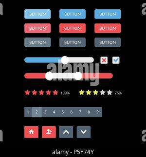 Web UI Elements. Buttons, Switches, bars, power buttons, sliders. Stock Vector