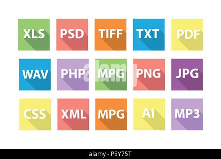 Set of Document File Formats with long shadows Stock Vector