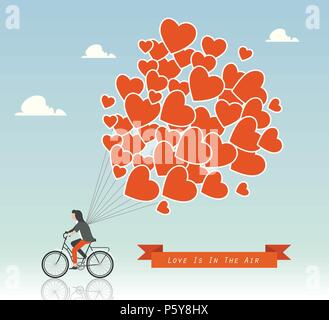 Man on a bike with hot air balloons in the sky vector illustration Stock Vector