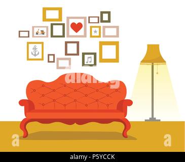 Retro red sofa with lamp in flat style Stock Vector