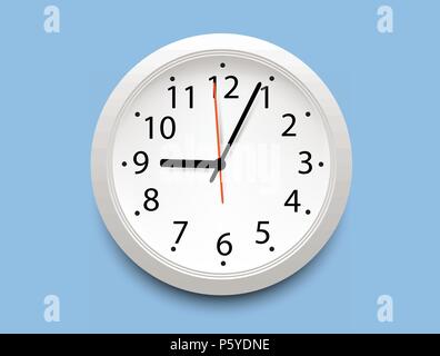 Realistic classic white round wall clock icon isolated on blue background Stock Vector
