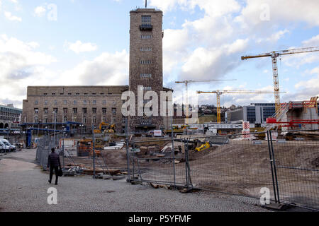 The existing Stuttgart Hauptbahnhof building rises amidst the site of the huge Stuttgart 21 construction project, Germany Stock Photo