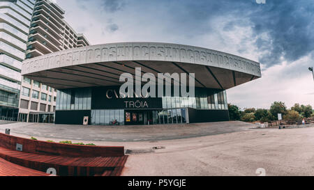 June 20th, 2018, Troia, Portugal - the Troia Casino, a contemporary casino with gaming tables, slot machines, a stage & bar at an upscale hotel. Stock Photo