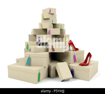 Pile of shoe boxes with red high-heeled shoe, 3D rendering Stock Photo