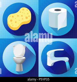 White ceramics vector toilet bowl icon. modern toilet in flat style. Water tap with flowing water, toilet paper icon, Yellow shower sponge icon. Vector illustration. Stock Vector