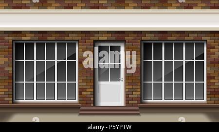 Brick small 3d store or boutique front facade. Exterior empty boutique shop with big window. Blank mockup of stylish realistic street shop. Vector illustration Stock Vector