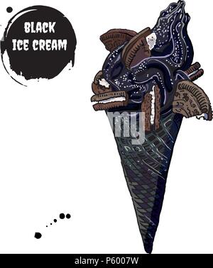 Black ice cream cone with chocolate cookies. Hand drawn vector illustration. Watercolor splashes, inscription. Isolated on white background. Trendy pastel goth fantasy dessert. Halloween treat. Stock Vector