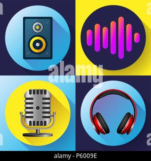 Musical icons set flat style - old microphone headphones acoustics and sound volume Stock Vector