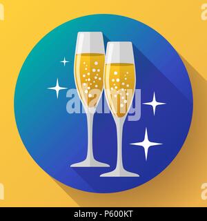 Two glasses of champagne Icon with sparkles. Stock Vector