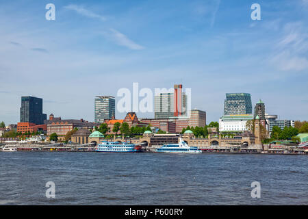 Waterfront and landing stages at St Pauli quarter, Hamburg Stock Photo