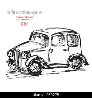 Hand-drawn vintage transport car. Quick ink sketch. Vector black illustration isolated on white background Stock Vector