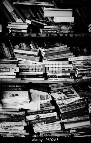 Black and white image of shelves of books Stock Photo