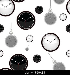 Pocket watch. Seamless pattern with clocks on white background. Vector illustration Stock Vector