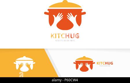Vector pot and hands logo combination. Kitchen and embrace symbol or icon. Unique pan and friendship logotype design template. Stock Vector
