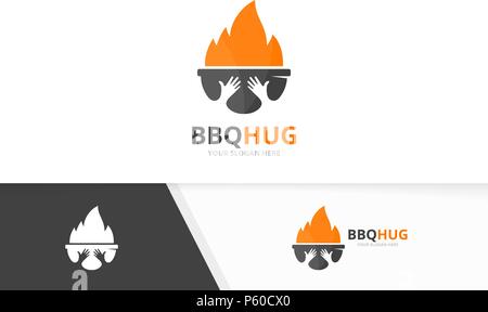 Vector bbq and hands logo combination. Grill and embrace symbol or icon. Unique barbecue and friendship logotype design template. Stock Vector