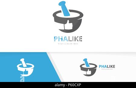 Vector pharmacy and like logo combination. Pounder and best symbol or icon. Unique mortar and pestle logotype design template. Stock Vector