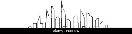 Silhouette of the city in a flat style. Modern urban landscape. Vector illustrations. City skyscrapers building office horizon.Continuous line drawing Stock Vector