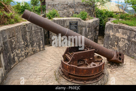 Haiphong, Vietnam - May 22, 2016. Ancient cannon on Cat Ba Island in Haiphong, Vietnam. Cat Ba located on the southeastern edge of Ha Long Bay. Stock Photo