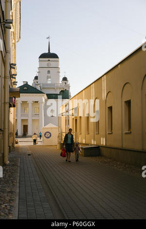 Minsk, Belarus - May 8 2018: Beautiful white building of the old Town Hall in historical center of the city. Upper Town, Minsk Stock Photo