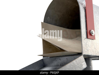 An open old school retro tin mailbox bulging with a stack of letters and envelopes crammed into it on an isolated background - 3D render Stock Photo