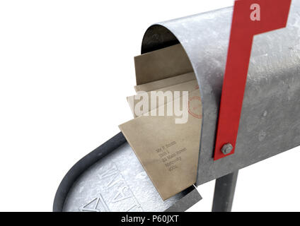 An open old school retro tin mailbox bulging with a stack of letters and envelopes crammed into it on an isolated background - 3D render Stock Photo