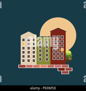 Abstract Colorful Buildings With Full Moon And Bricks. Night Theme. Stock Vector