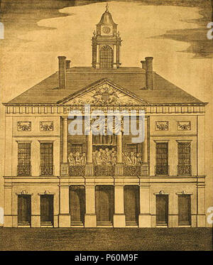 N/A. Federal Hall, The Seat of Congress / Peter Lacour delin. ; A. Doolittle sculpt. Front elevation of Federal Hall in New York City, site of George Washington's first inauguration, April 30, 1789, where Chancellor of the State of New York, Robert Livingston, administered the oath of office to George Washington on the balcony. Photograph of 1790 copper engraving in the private collection of Louis Alan Talley, Washington, D.C. 1790 (engraving); 2000 (photograph).   Amos Doolittle  (1754–1832)     Description American engraver and caricaturist  Date of birth/death 18 May 1754 30 January 1832  L Stock Photo