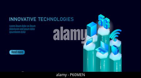 5G new wireless internet wifi connection. Smartphone mobile device isometric blue 3d flat. Global network high speed innovation connection data rate technology vector illustration Stock Vector