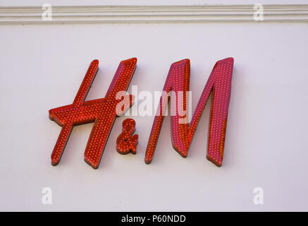 Copenhagen, Denmark - June 26, 2018: H&M Store logotype Sign. H&M Hennes & Mauritz AB is a Swedish multinational retail-clothing company. Stock Photo