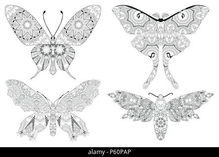 Set of butterflies zentangle styled with clean lines for coloring book for anti stress, T - shirt design, tattoo and other decorations Stock Vector