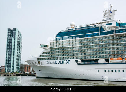 Celebrity Eclipse, Solstice-class cruise ship, operated by Celebrity Cruises, docked in Liverpool harbour, River Mersey, England, UK Stock Photo