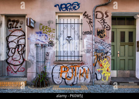 Berlin, Prenzlauerberg,Mokik web designers, building exterior covered in graffiti,street art & stickers Stock Photo