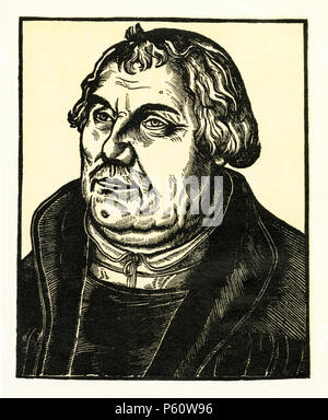 Martin Luther (born November 10, 1483, Eisleben, County Mansfeld, died 18 February 1546, Eisleben, County Mansfeld), monk, theologian, German reformer, author of the Reformation. After Lukas Cranach. Color woodcut, as was spread before and after Luther's death by the thousands,    1899 Stock Photo