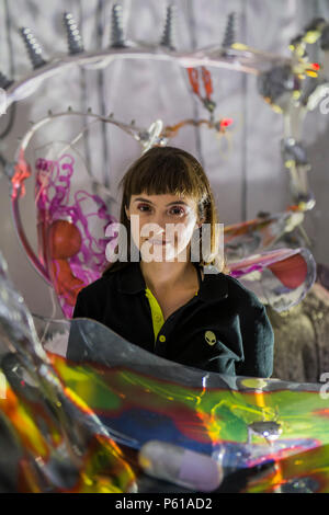 London, UK. 28th June, 2018. Katja Novitskova (pictured): Invasion Curves - Installation artist Katja Novitskova (b. 1984, Tallinn) presents an immersive environment at the Whitechapel Gallery, offering an unsettling vision of the future. Her work focuses on issues of technology, evolutionary processes and ecological realities. Credit: Guy Bell/Alamy Live News Stock Photo
