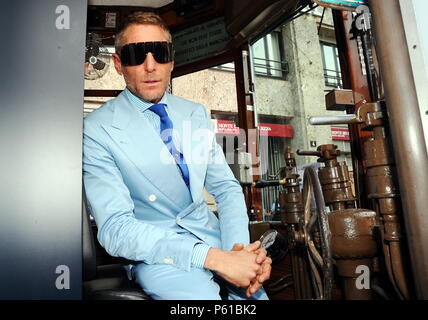 Lapo Elkann presents a new line of glasses on a streetcar in Piazza Fontana (Maurizio Maule, Milan - 2018-06-28) ps the photo can be used respecting the context in which it was taken, and without the defamatory intent of the decoration of the people represented Stock Photo