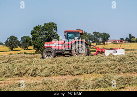 Farming in England with a Big Red Tractor Stock Photo