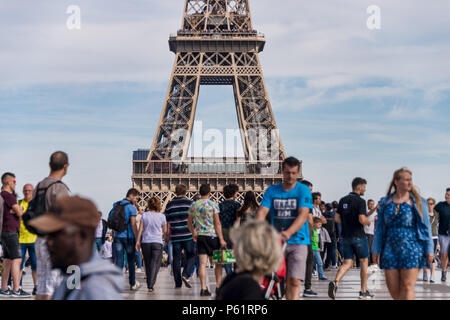 Paris, France - 23 June 2018: Eiffel Tower from Trocadero with many tourists in the foreground Stock Photo