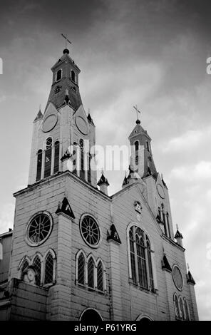 Twin CHURCH STEEPLES of SAN FRANCISCO DE CASTRO CHURCH built in 1906 in CASTRO - CHILOE ISLAND, CHILE Stock Photo