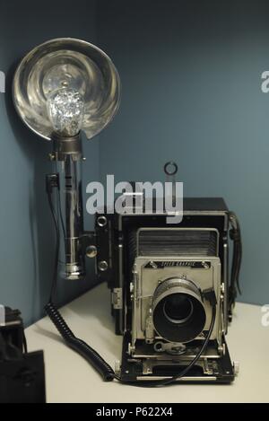 Speed Graphic. Press camera. Produced by Graflex in Rochestern New York. Produced in 1912. Deutches Technikmuseum. Berlin. Germany. Stock Photo