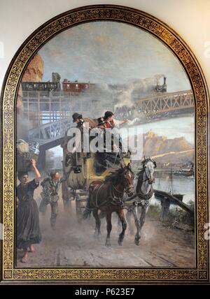 ARTE S. XIX. ALEMANIA. Paul Friedrich Meyerheim (1842 1915). Pintor alemán. 'El puente ferroviario sobre el Rin en Ehrenbreitstein', 1875, Original. En esta imagen se muestra la reunión de los sistemas de transporte antiguos: El carruaje, el barco y en el fondo el tren Deutsches Technikmuseum. Berlin. Alemania. Stock Photo