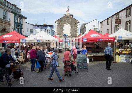 Keswick market in market square at moot hall Lake District Cumbria England UK Stock Photo