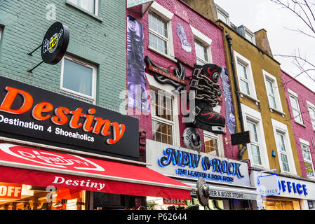 London, England UK  - December 31, 2017: Facade of the fashion shops of Camden High Street in Camden Lock or Camden Town in London, England, United Ki Stock Photo