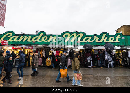 London, England UK  - December 31, 2017: Entrance sign to the Camden Market with people around in London, England, United Kingdom Stock Photo