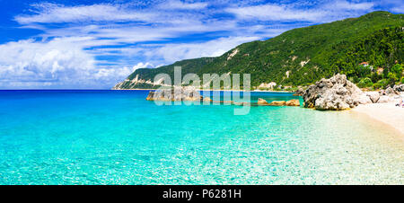 Azure sea and mountains in Agios Nikitas,Lefkada island,Greece. Stock Photo