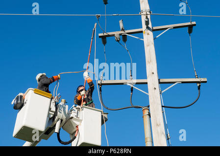 Civil Engineer Squadron personnel install grounding sets at Scott Air Force Base, Illinois, on April 9, 2016, to ensure safe conditions while repairing 34,500 high-voltage jumpers and electrical connections. Proper grounding protects personnel during maintenance, prevents component failure due to rising temperatures and increased demand, and ensures operational continuity. The activity supports base infrastructure, including transformers and switchgear, and involves inspection, testing, repair, and coordinated engineering procedures to maintain reliability and safety. Stock Photo