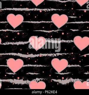 Valentine s Day background. Grunge brush strokes Hearts and Stripes Seamless pattern. Love. Stock Vector