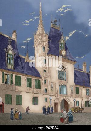 Jacques Coeur (1395-1456). French trader. House of Coeur in Bruges, Belgium. Engraving by William James Linton in The Iberian illustration, 1885.(1812-1897). The Iberian illustration, 1885. Colored. Stock Photo